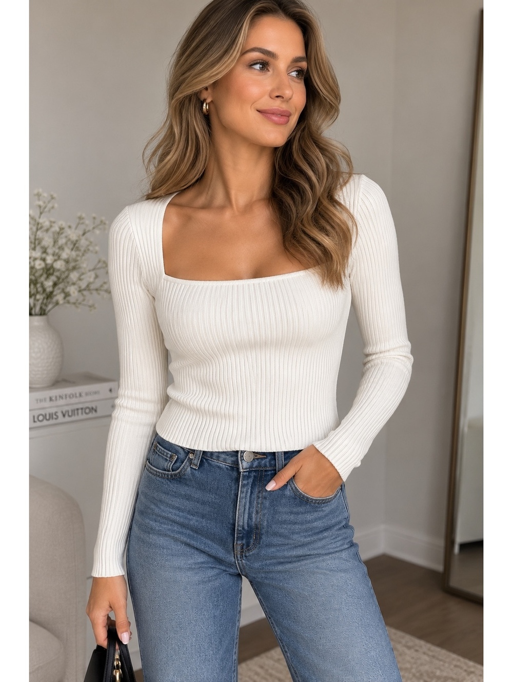 Elie Tahari White Ribbed Square Neck Sweater Size S New